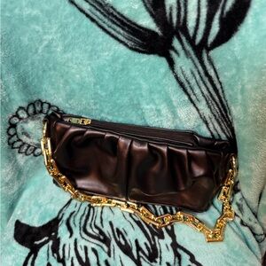 Black Ruched Leather Shoulder Bag with Gold Chain